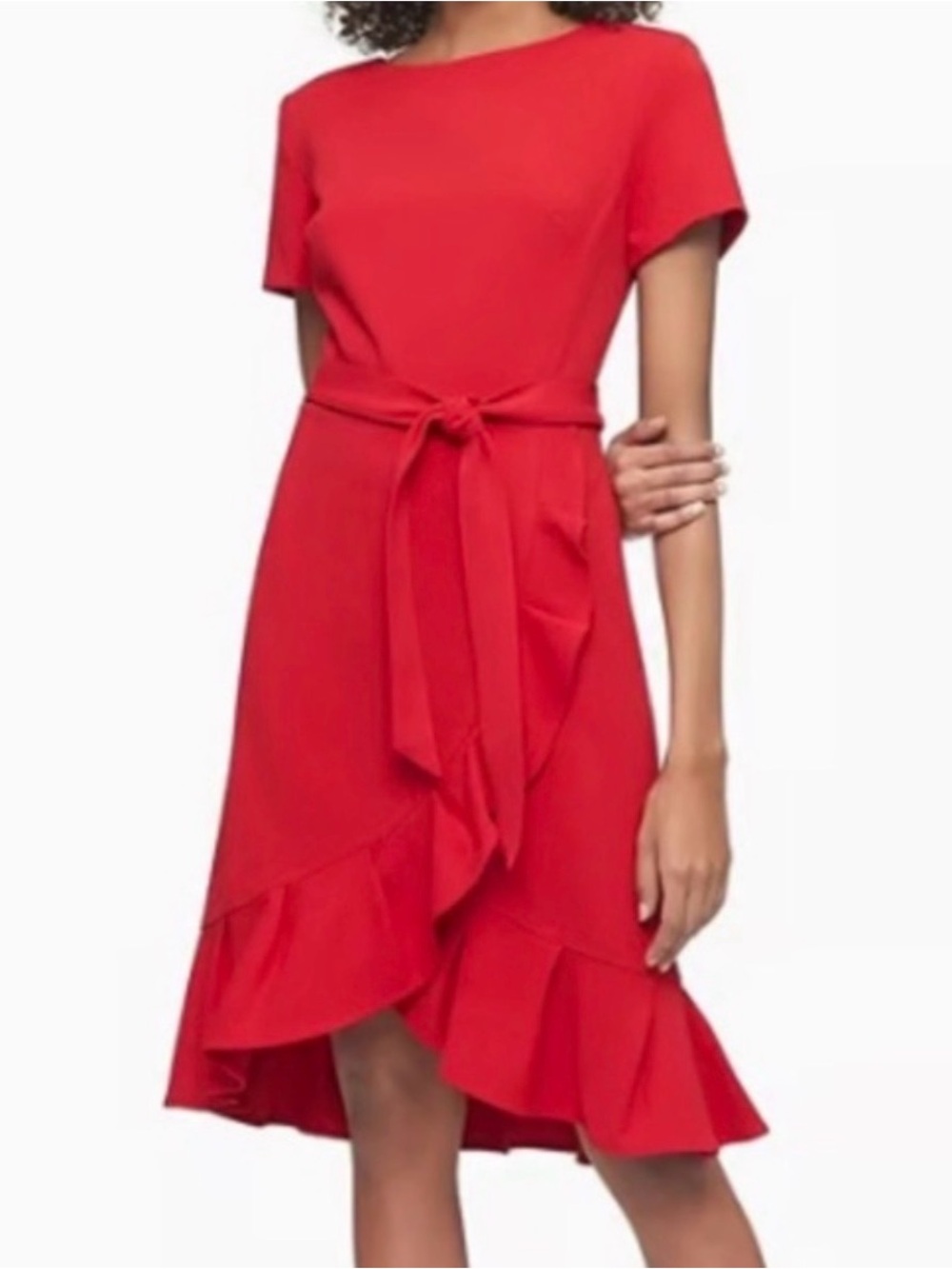 Calvin Klein Red High-Low Ruffle Tie-Waist Dress